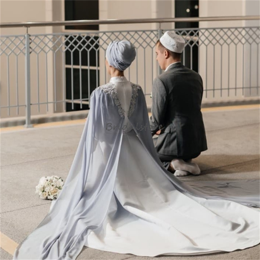 Unique Caucasian Muslim Wedding Dresses 2024 Silver White Moroccan Islamic Bridal Gowns Long Sleeve Whimsical Muslimah Bride Dress Elegant Vestio De N