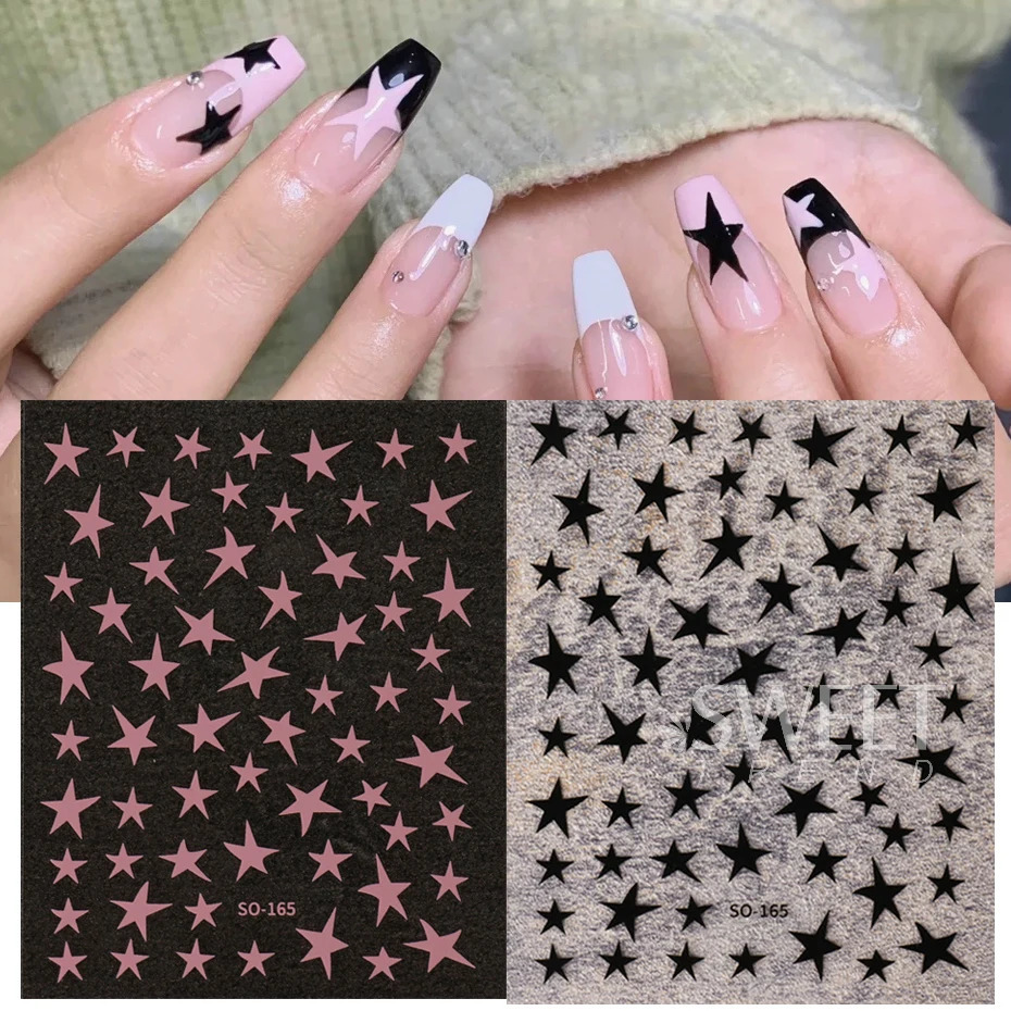 3 pieces of white black star nail stickers irregular pentagonal stickers pink laser shiny flash star pattern decorative slider 240625