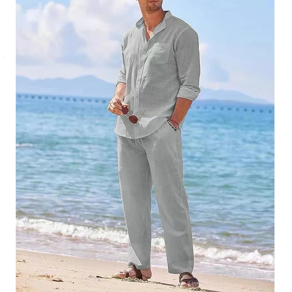 Plus Size Mens Casual Linen Two Piece Sets Europe Style Vintage Basic Tops and Solid Pants Suit Male Beach Tracksuits Set 240614
