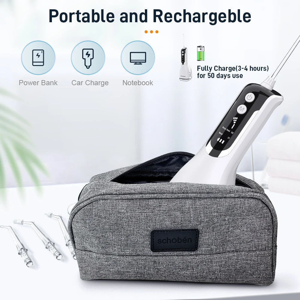 Schoben Portable Oral Irrigator USB Rechargeable Water Flosser Dental Water Jet 330ML Water Tank IPX7 Waterproof Teeth Cleaner 240617