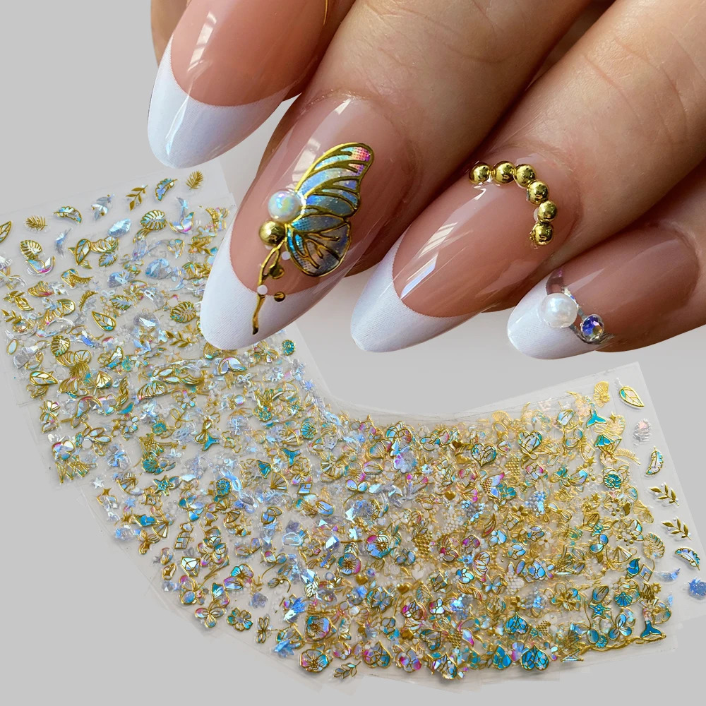 20 Spring Flower Nail Stickers 3D Self Adhesive Colored Gold Blue Butterfly Nail Stickers Gold Decoration Y2K 240625