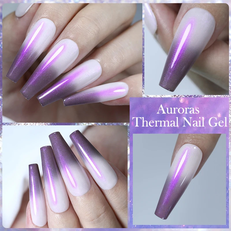 LILYCUTE Color Change Aurora Heat gel Nail Polishing Nude Purple Flash Lasting Hand Nail Art gel Clearcoat 240625