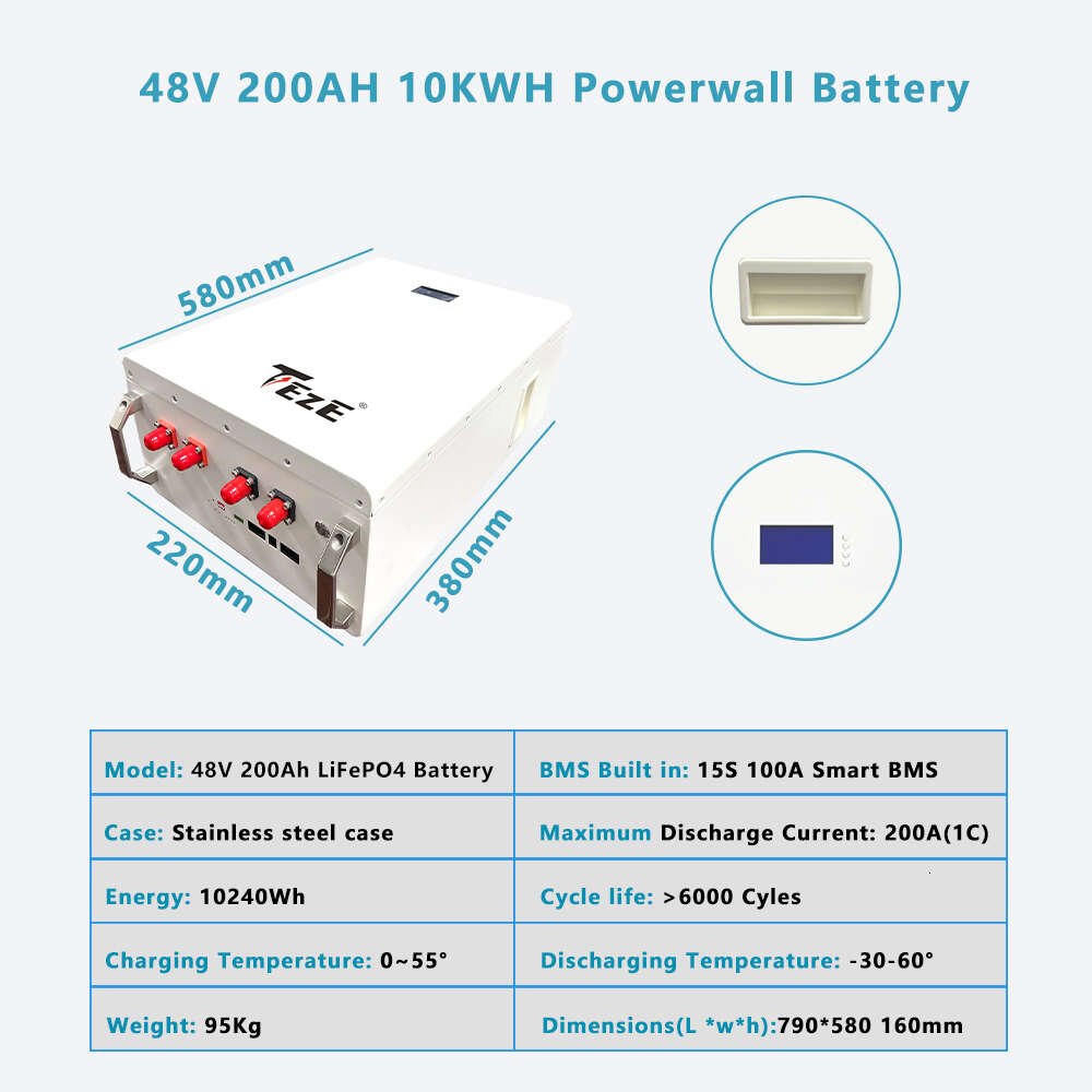 TEZE LiFePO4 48V 200AH Solar Battery Pack 51.2V 10KWH Lithium Battery 6000 Cycle RS485/CAN/Bus For Home Energy Storage EU NO TAX