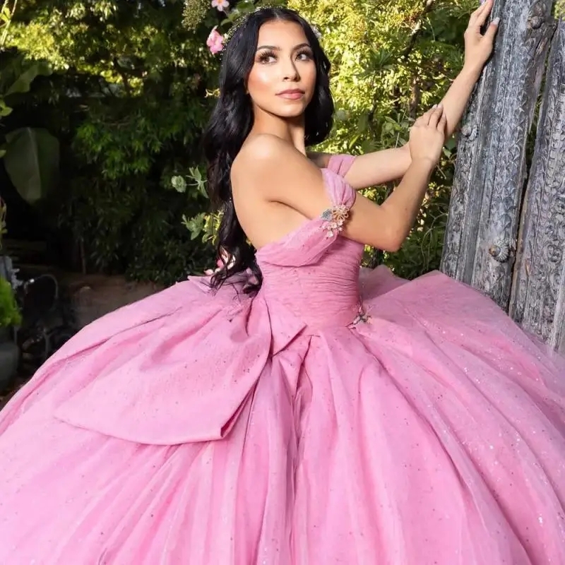 Pink Shiny Quinceanera Dress Off the Shoulder Mexican Sequins Bow Tull Princess Sweet 16 Birthday Ball Gown Vestidos De 15 Anos