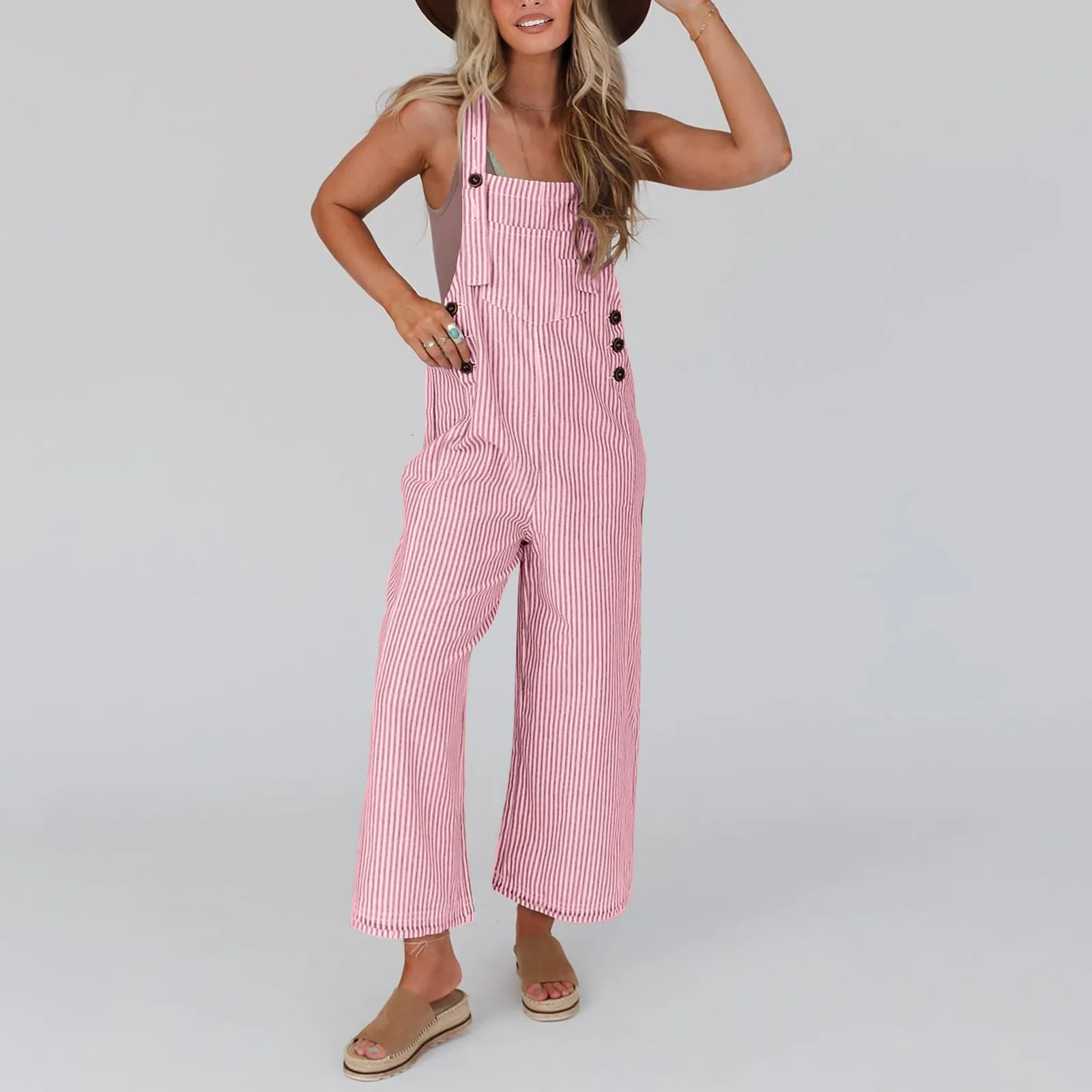 Fashion Women Girls Loose Stripe Jumpsuit Strap Dungaree Wide Leg Trousers Ladies Overall Pants Casual Playsuits Plus Size M-3xl 240626