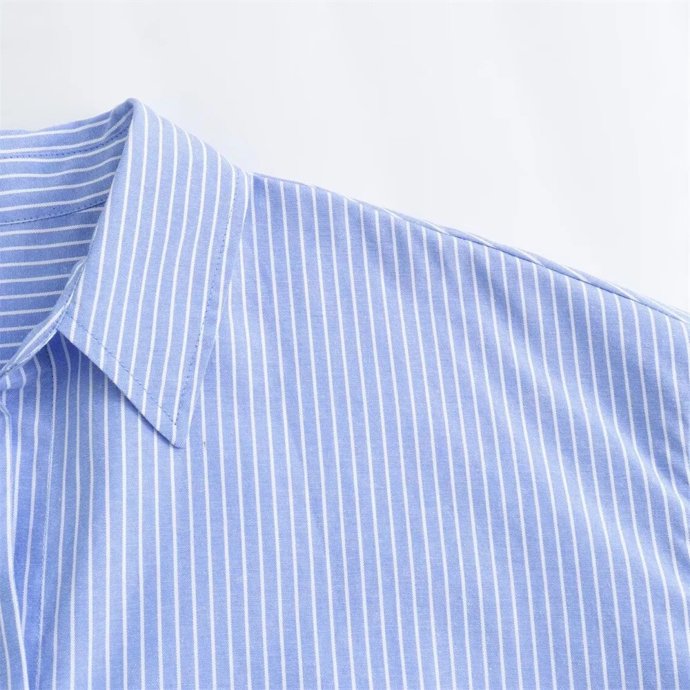 ZAR * Spring/Summer Selling Womens Casual Fashion Versatile Loose Blue Striped Oxford Shirt 240626