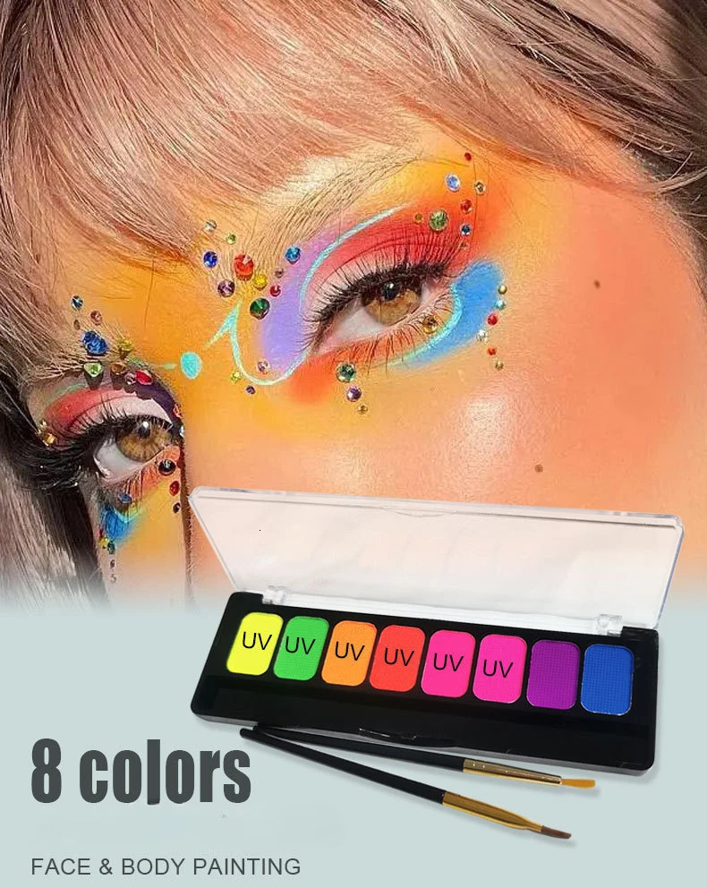 8-Color Water-Soluble Fluorescent Body Paints Halloween Dark Night Glow Paintbrush DIY Quick Dry Camouflage Paste Eyeline Makeup 240626
