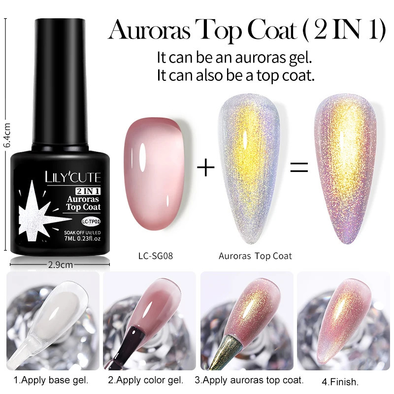 LILYCUTE Auroras Sparking Effect Top Coat Gel Nail Polish Chrome Gold Glitter Soak Off 2 In 1 Function Gel DIY Nail Art Manicure 240625