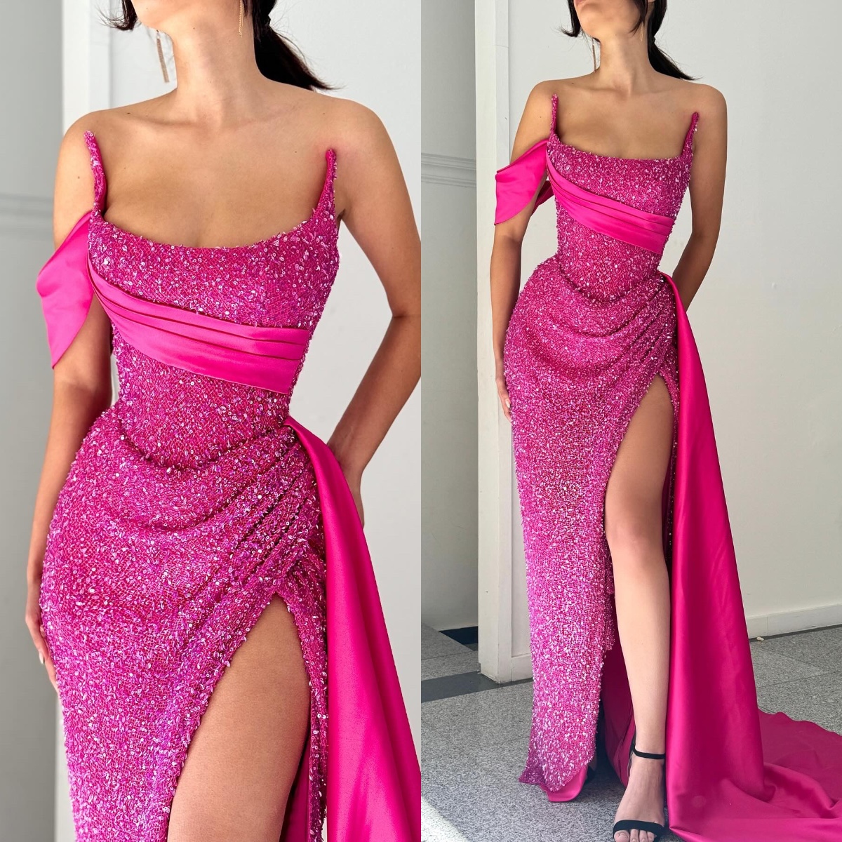 Stunning Fuia Mermaid Prom Dress Sparkly Sequins Evening Gowns Pleats Strapless Thigh Split Sweep Train Formal Dresses For Special Ocns 6660311