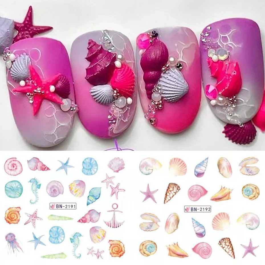 12 pieces of shell water transfer stickers for mermaid nails jellyfish seahorse sliders stickers mermaid DIY summer decoration 240625