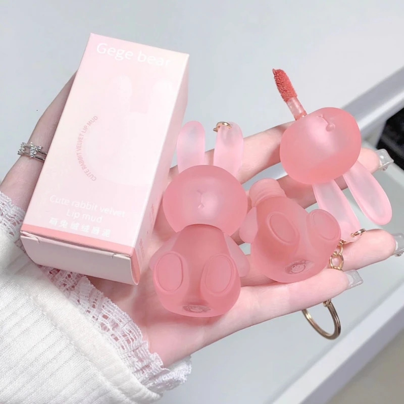 Cute Rabbit Velvet Lip Mud Keychain Matte Nude Lip Gloss Autumn Winter Non-stick Cup Lipstick Waterproof Lasting Cosmetics 240626