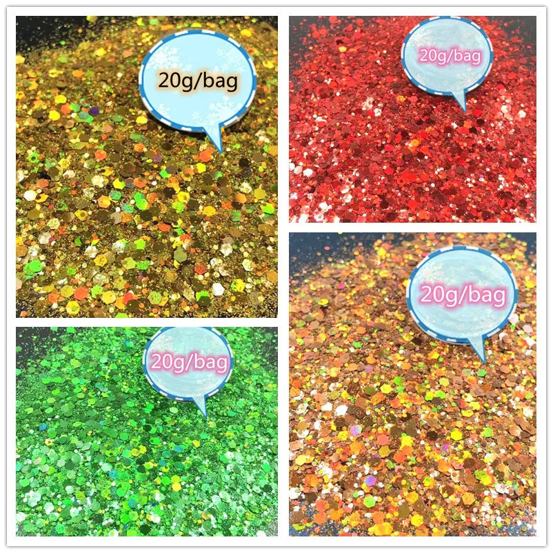 20g/bag Laser Hexagon Holographic Chunky Glitter Nail Tips Glitter Powder Mermaid Flakes Sparkly Glitter Resin Crystal mud 240625