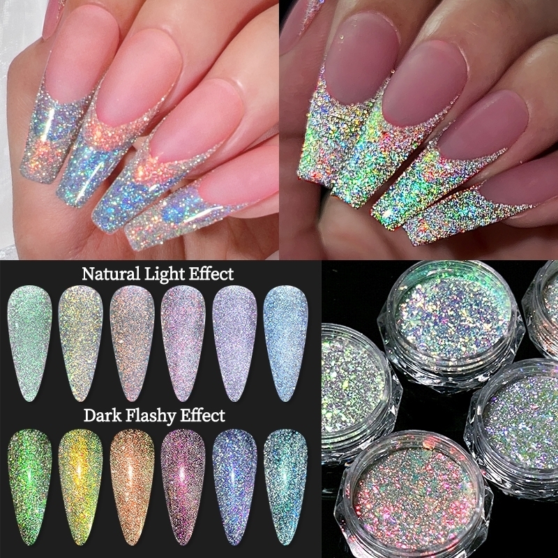 NICOLE DIARY Auroras Reflective Giltter Sequins Sparkly Flash Crystal Pigment Dip Chrome Powder Nails DIY Dust Nail Supplies 240625