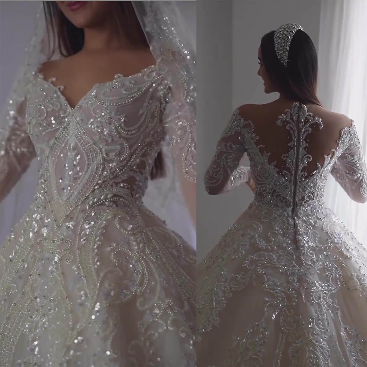 Gorgeous A-Line Women Wedding Dress V Neck Long Sleeves Zipper Bridal Gown Appliques Sequins Beads Sweep Train Dresses Custom Made