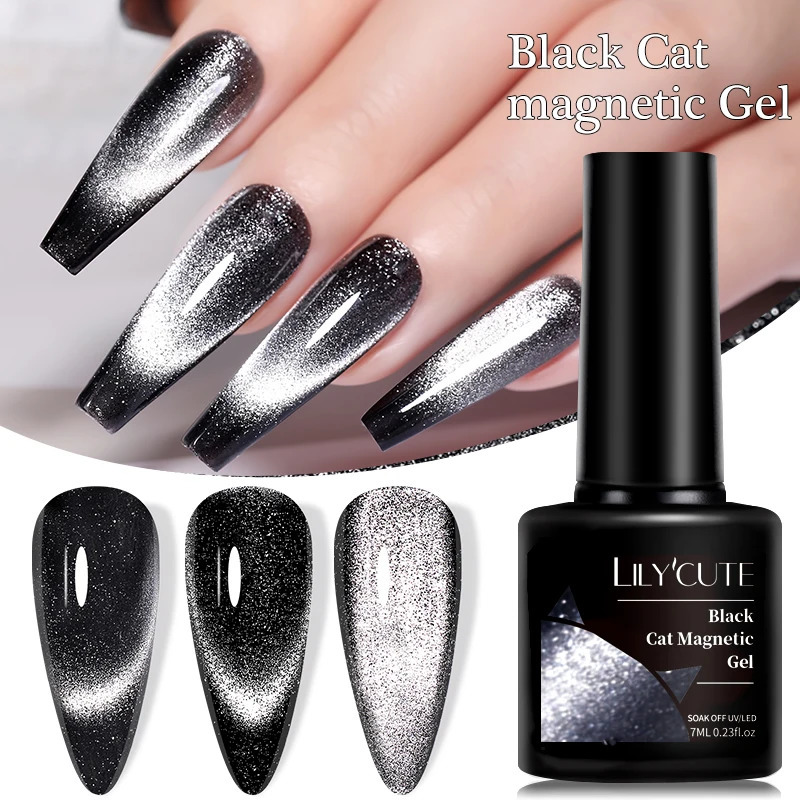 LILYCUTE 7ML Black Crystal Cat Magnetic gel Glitter gel nail polish Semi anent UV gel Nail Art Without Background Color 240625