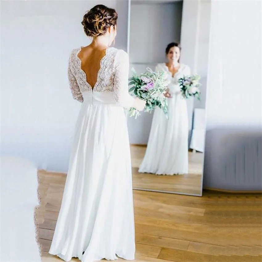 Simple Chiffon Boho Wedding Dresses 2024 Lace Top Deep V-neck 3/4 Sleeves Backless Beach Women Bridal Gowns Floor Lenth A-Line Vestidos de novia