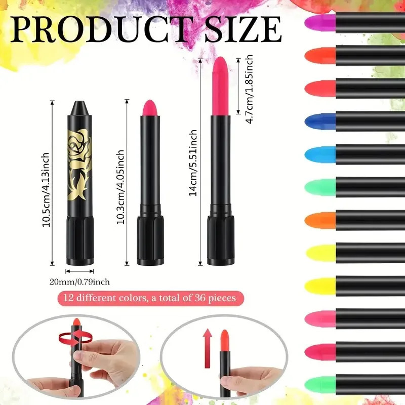 12 Colors Fluorescent Paint Glow Dark Crayon Body Paint Washable Diy Face Painting Crayons Party Halloween Event Makeup Props 240626