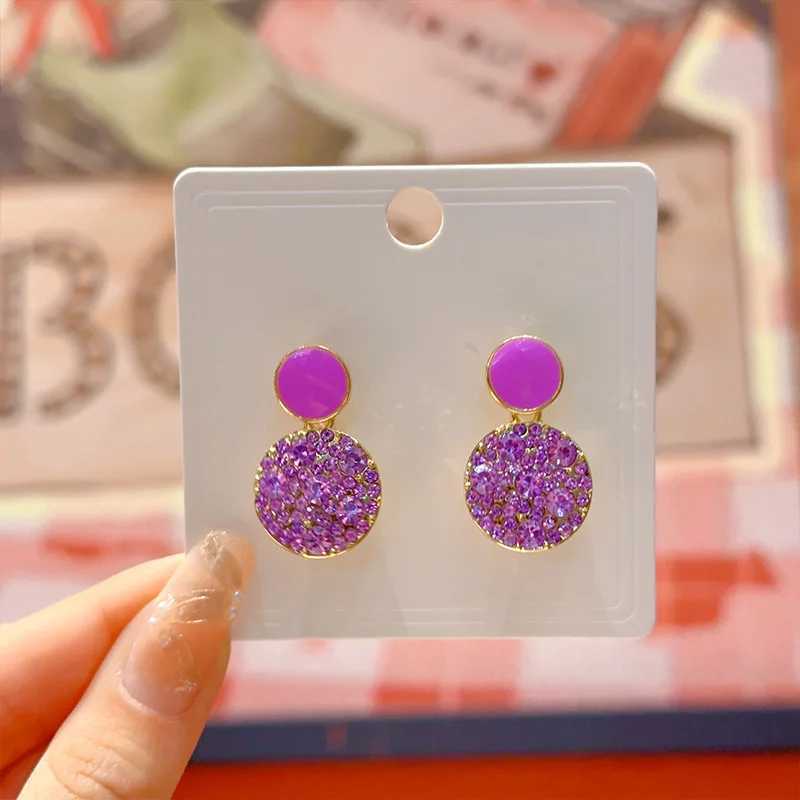 Charm Trendy Purple Rhinestones Drop Earrings for Women Enamel Oil Geometry Metal Round Dangle Earrings Party Jewelry Wholesale Gift