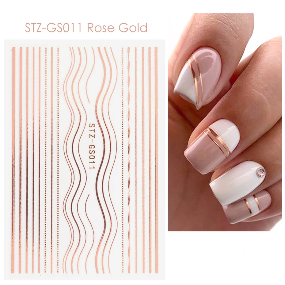 Three 3D simple line nail stickers Rose gold metal strip letter decal curve gel nail art slider polishing hand decorative foil 240625