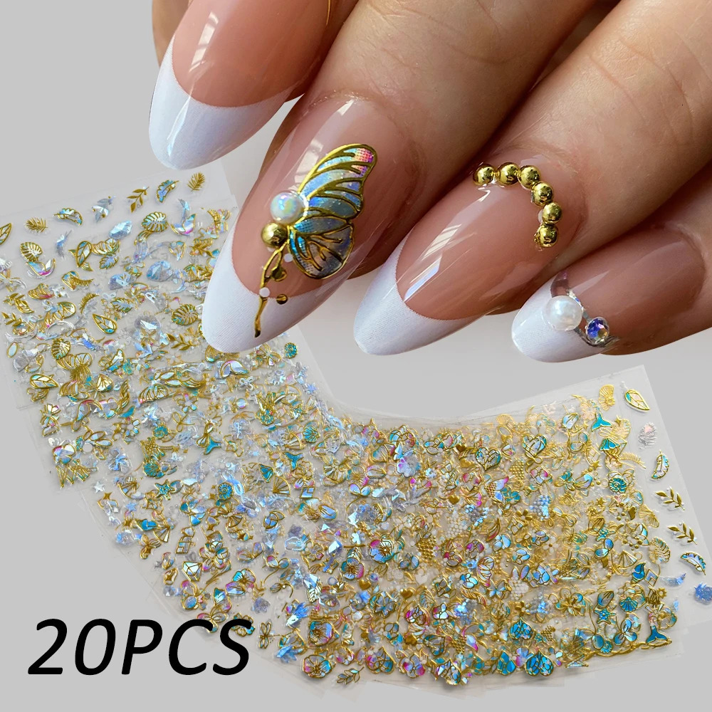 20 Spring Flower Nail Stickers 3D Self Adhesive Colored Gold Blue Butterfly Nail Stickers Gold Decoration Y2K 240625
