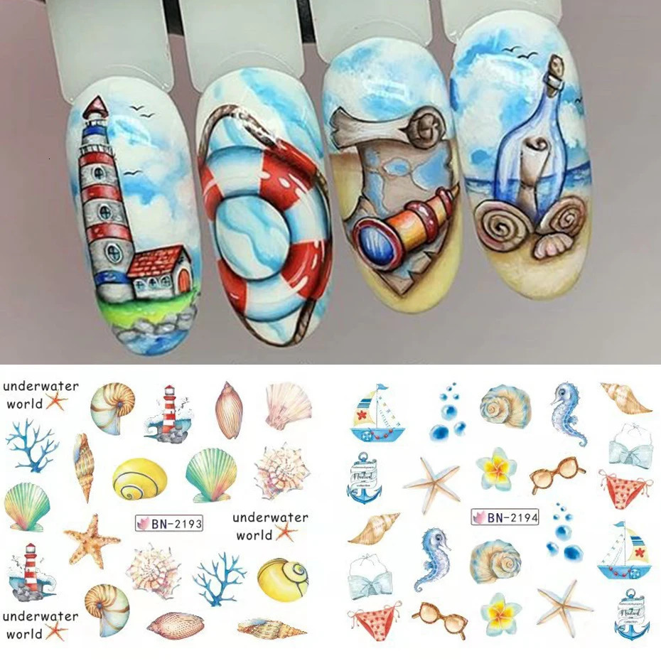 12 pieces of shell water transfer stickers for mermaid nails jellyfish seahorse sliders stickers mermaid DIY summer decoration 240625