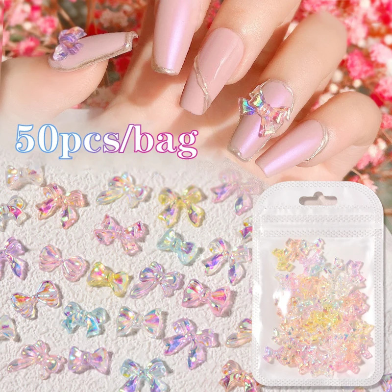 50 Auroras Bowknot 3D Nail Art Decorations Summer Nail Charm Jelly Color Glowing Nail Bow DIY Handle 240625