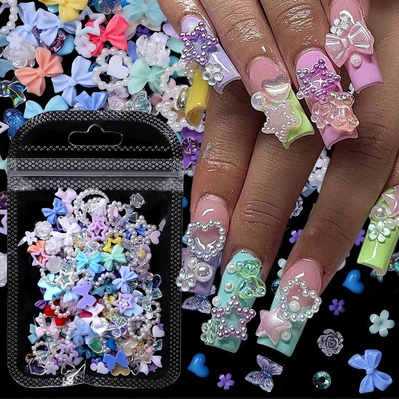 100 pieces of pearl pink bow heart-shaped mixed nail decoration Kawaii nail art charm star butterfly DIY nail accessories 240625