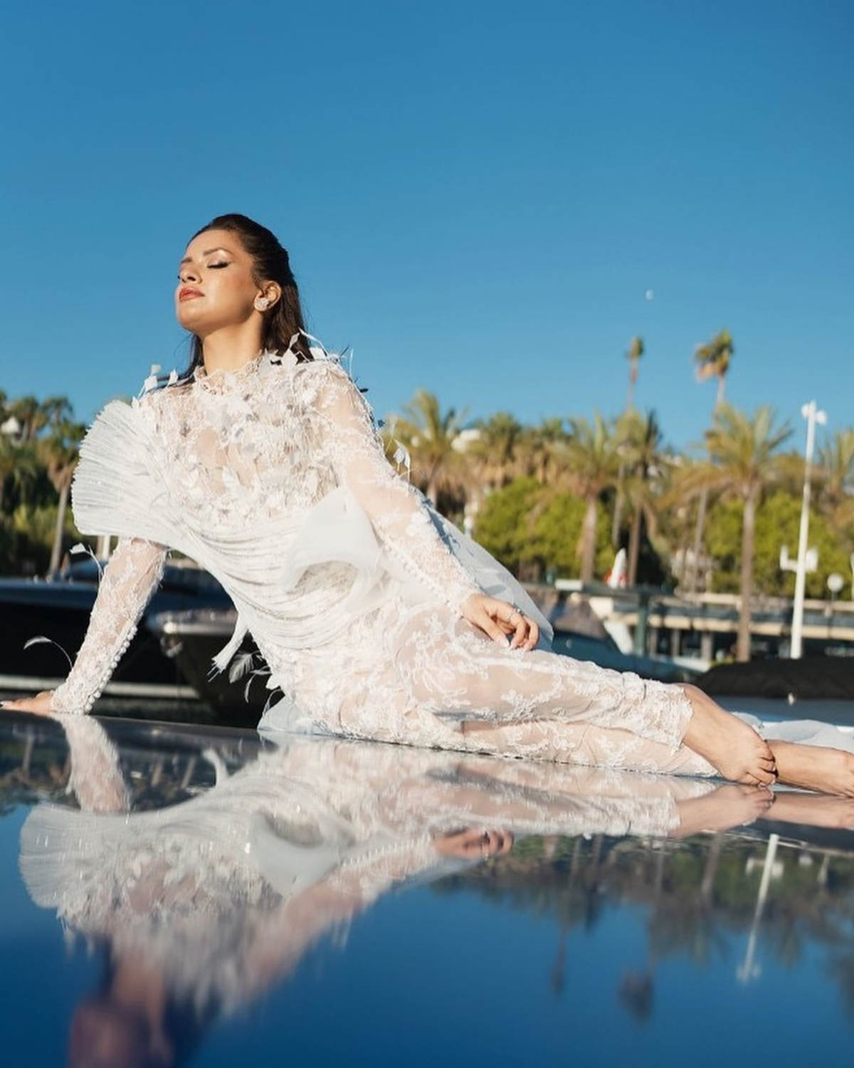 Sexy Ball Gown Jumpsuit 3D-Lace Prom Dress Women Shine ILLUSION Fit Evening Dresses Party Grown Side Tail Vestidos De Novia Customized L24931