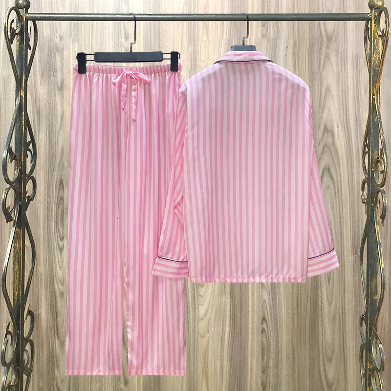 Womens Summer Pajama Set Pink Stripe Ice Silk Pajamas Womens Home Set Pajama Set Wholesale 240617