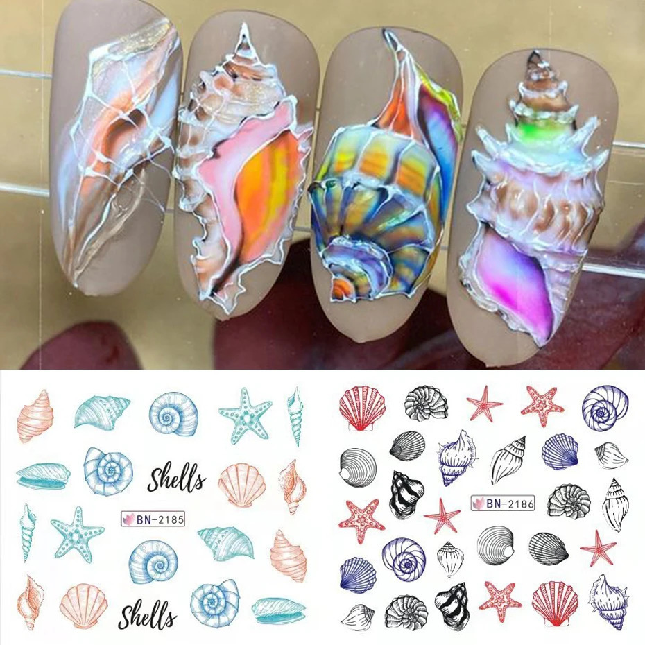 12 pieces of shell water transfer stickers for mermaid nails jellyfish seahorse sliders stickers mermaid DIY summer decoration 240625