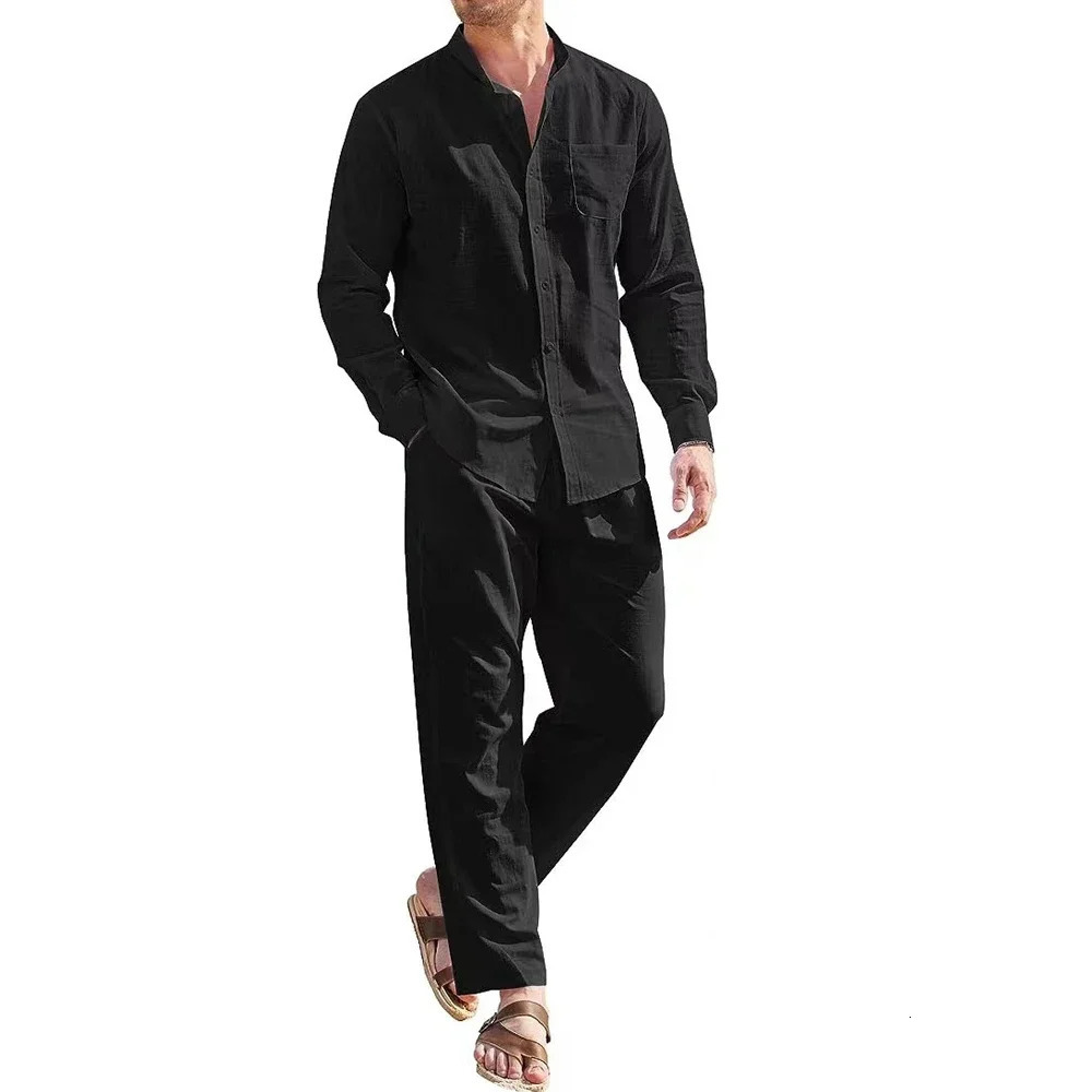 Plus Size Mens Casual Linen Two Piece Sets Europe Style Vintage Basic Tops and Solid Pants Suit Male Beach Tracksuits Set 240614