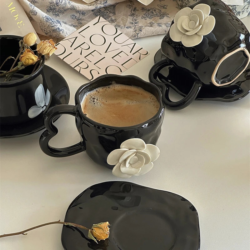 Handmade 3D Camellia Flower Black Coffee Afternoon Tea Cup Plate Ceramic Cup Gift Cup 240626