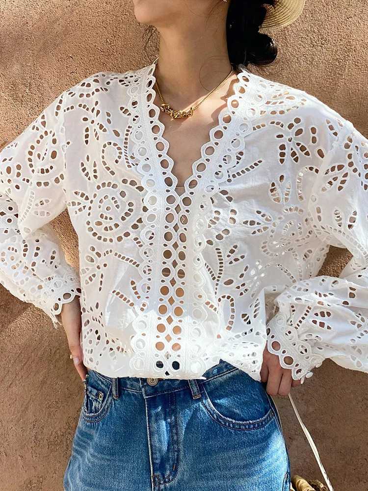 GypsyLady France Elegant Chic Shirt Blouse Floral Embroidery White Cotton Hollow Out Sexy Long Sleeve Women Holiday Ladies Tops 240625
