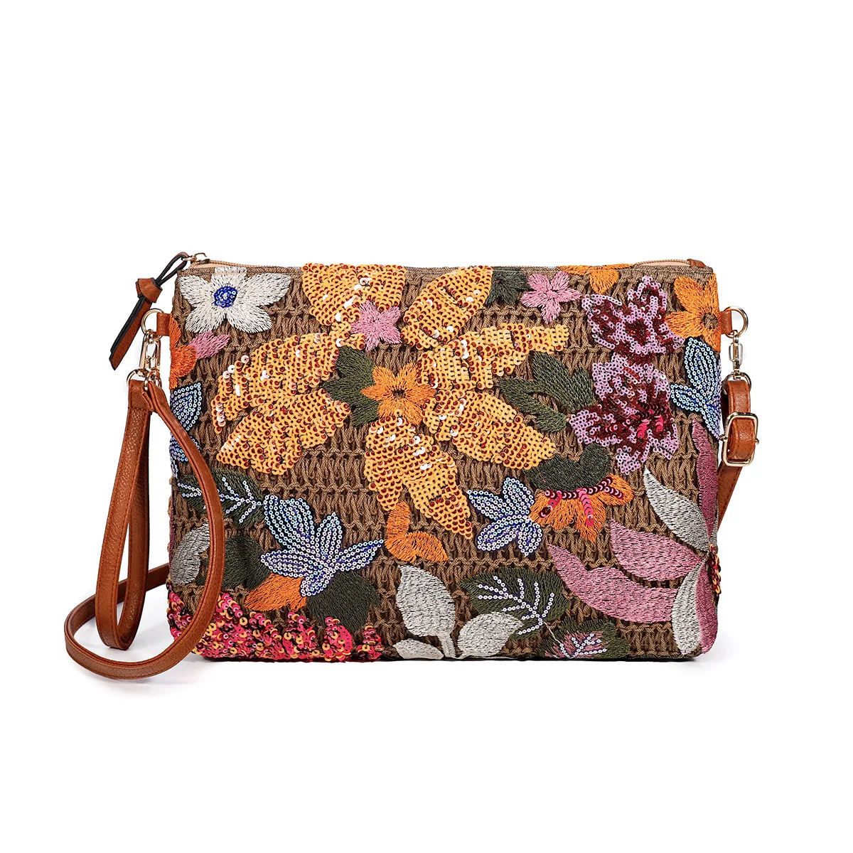 Fashion Embroidered Sequins Clutch Bag for Women Flower Straw Shoulder Crossbody Bags Summer Party Bag Vacation Big Purses 240627
