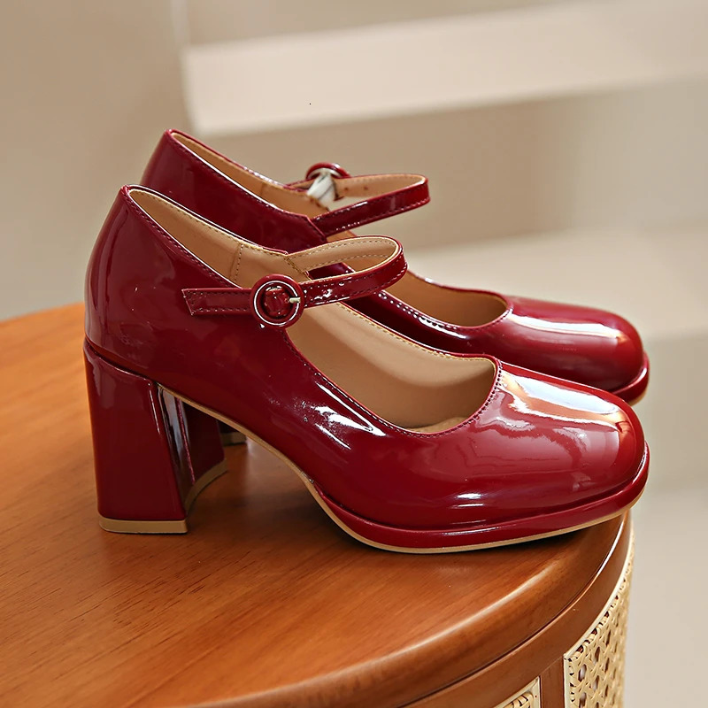 red Thick Heels Mary Jane Shoes Women Buckle Strap Square Toe Pumps Woman Med Heele pu Leather Shoes Female 240627