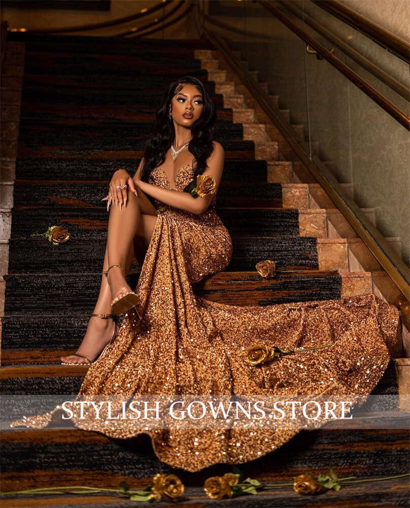 Sheer Champagne O Neck Long Prom Dress For Black Girls Sparkly Birthday Party Dresses High Slit Evening Gowns Mermaid Robe es