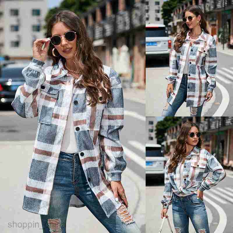 fashion Women Jackets Coats Women's autumn and winter street plaid lapel long woolen coat