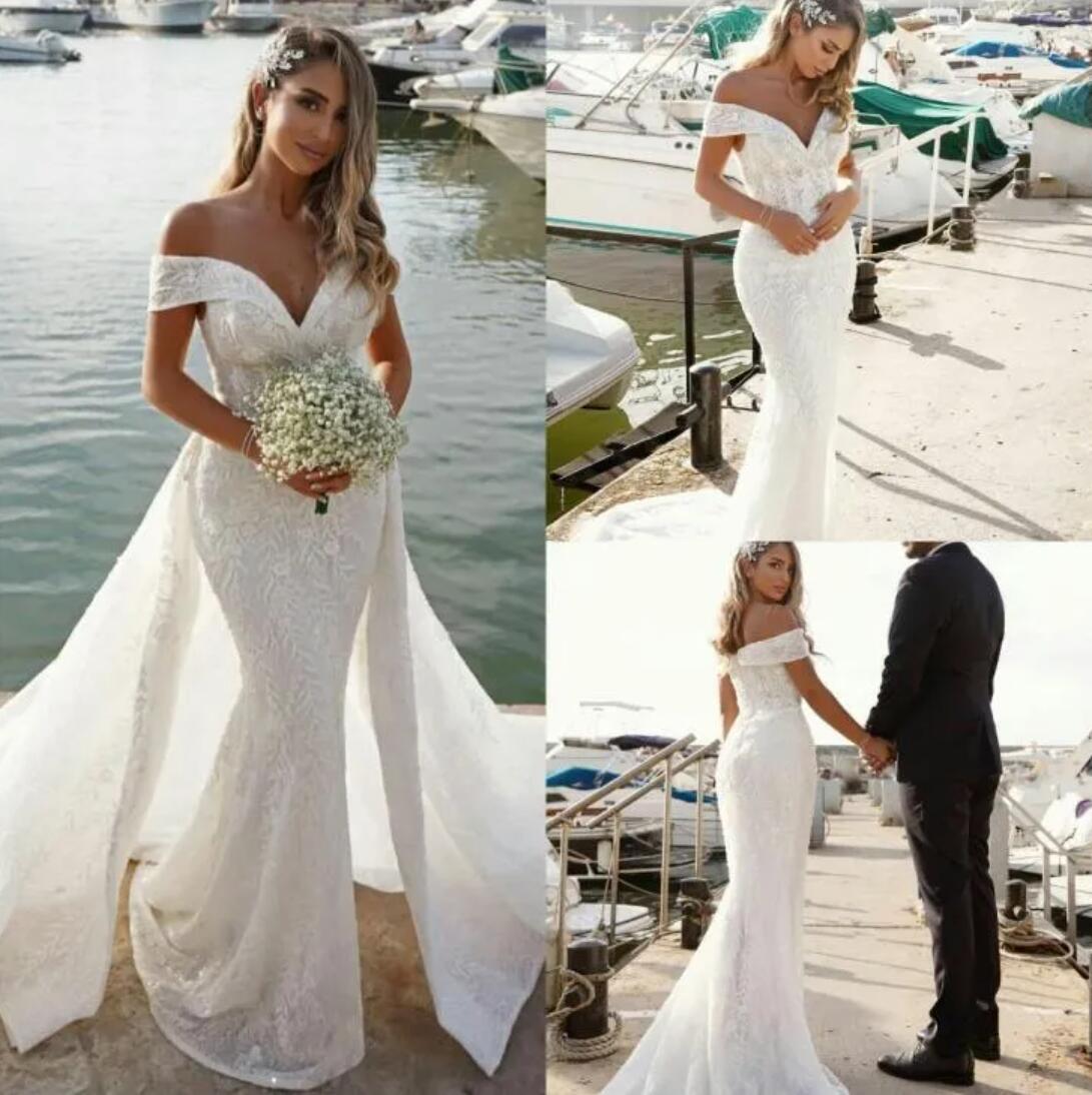 2024 Spring Mermaid Wedding Dresses With Detachable Train Off Shoulder Lace Appliques Bridal Gowns robes de mariee Bride Dresses 0627