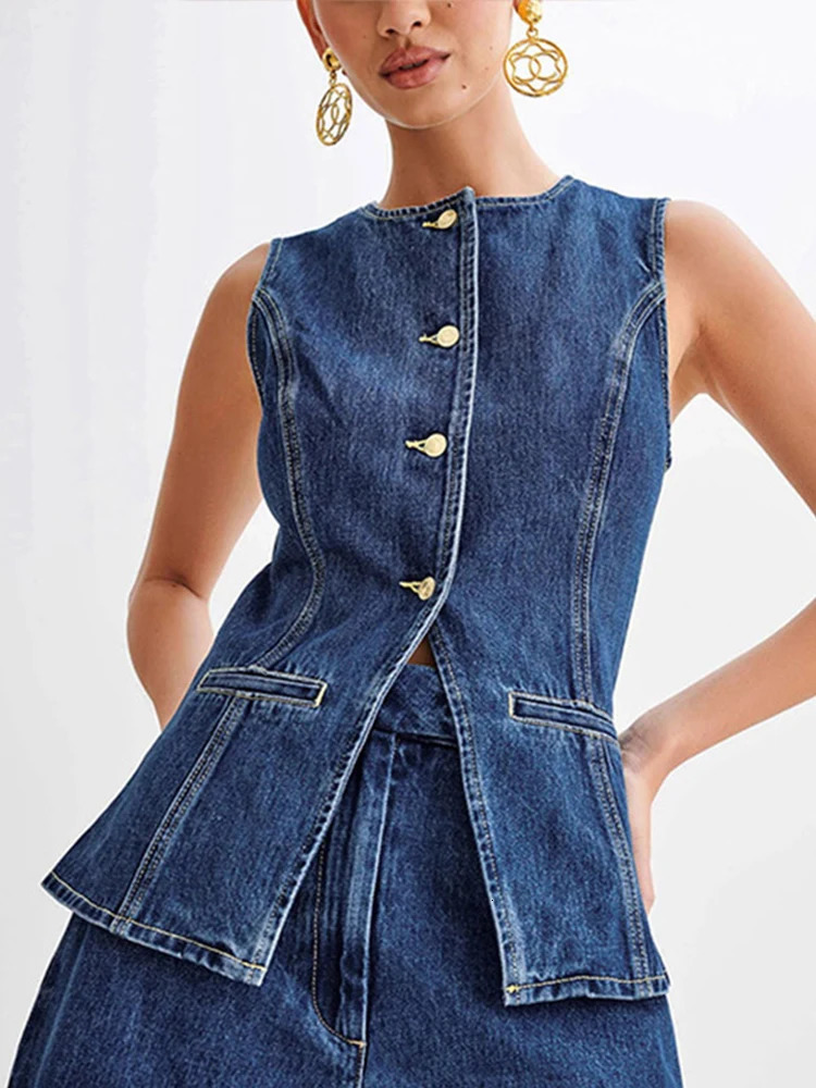Denim 2 Pieces Sets Women Fashion Slim Oneck Sleeveless Single Breasted Vest Wide Leg Shorts Summer Y2K Lady Outfit 240618