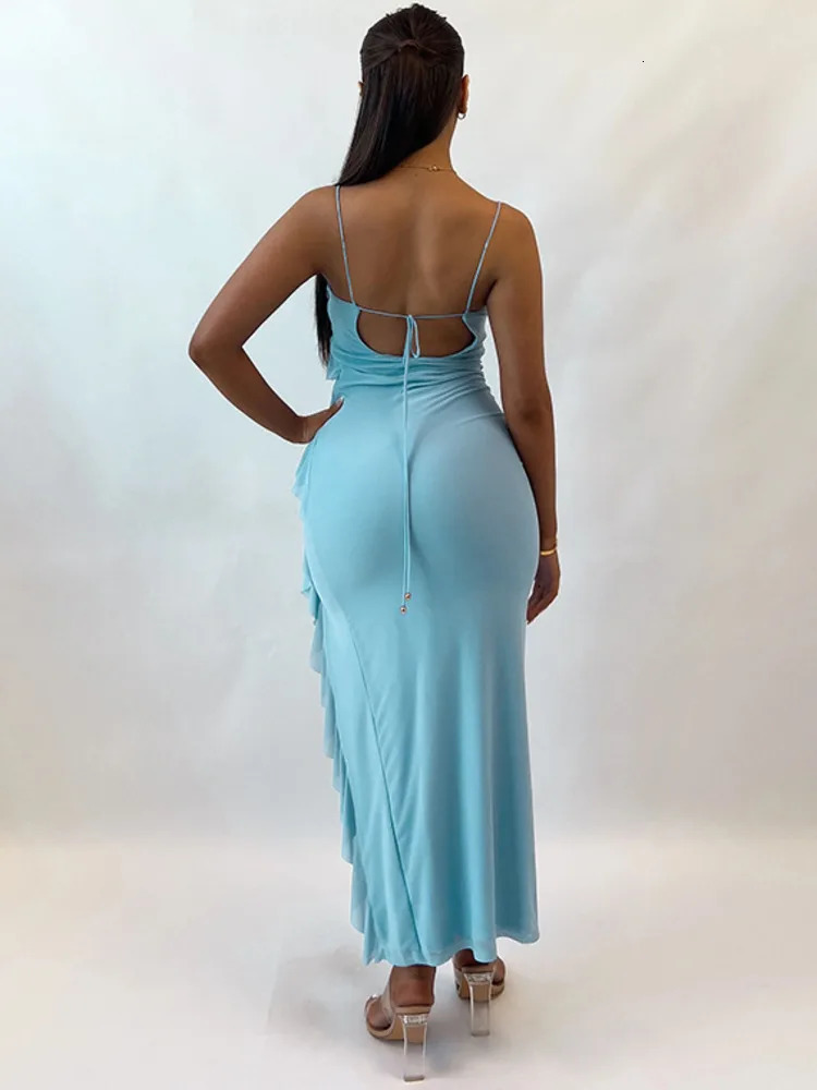 Mozision Spaghetti Strap Ruffle Long Dress Women Fashion V Neck Sleeveless High Split Dress Femme Elegant Backless Sexy Dress 240627