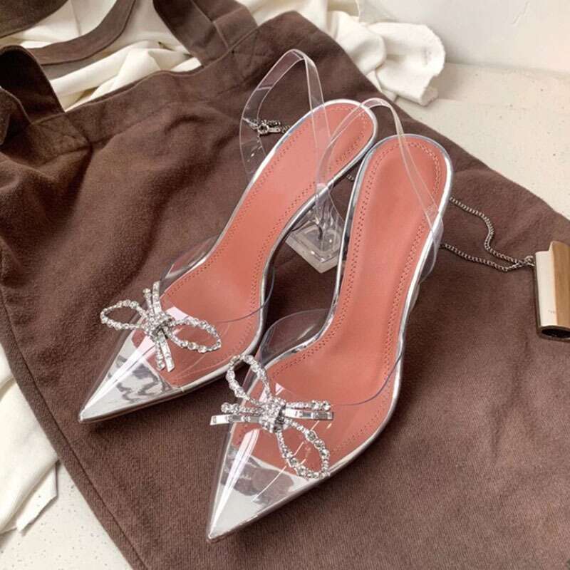 2024 Style Bowknot Pointed Sandals Female Fairy Wind Net Red Crystal Transparent Rhinestone Stiletto High Heels Kq8