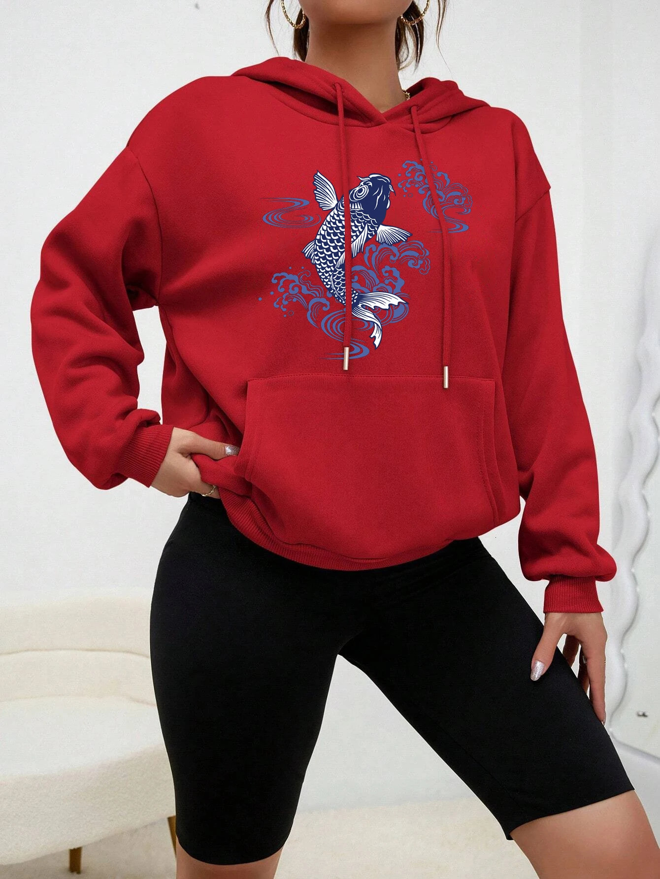 Paper Cut Koi Good Luck Printed Hoodies Women Casual Comics Clothing Harajuku Fleece Sweatshirt Pocket Autumn Multicolor Hoody 240627