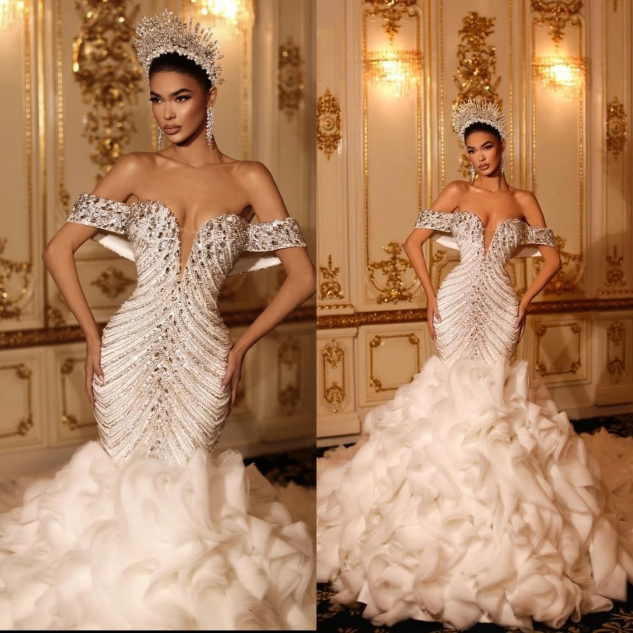 Gorgeous Mermaid Wedding Dresses Sweetheart Off Shoulder Bridal Gown Appliques Sequins Crystal Sweep Train Dress Custom Made vestidos de novia