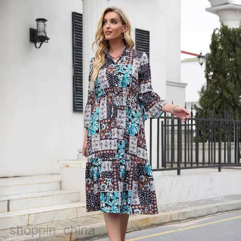 Basic Casual Dresses Women Dress Women's autumn and winter print lace up medium length long-sleeved dress