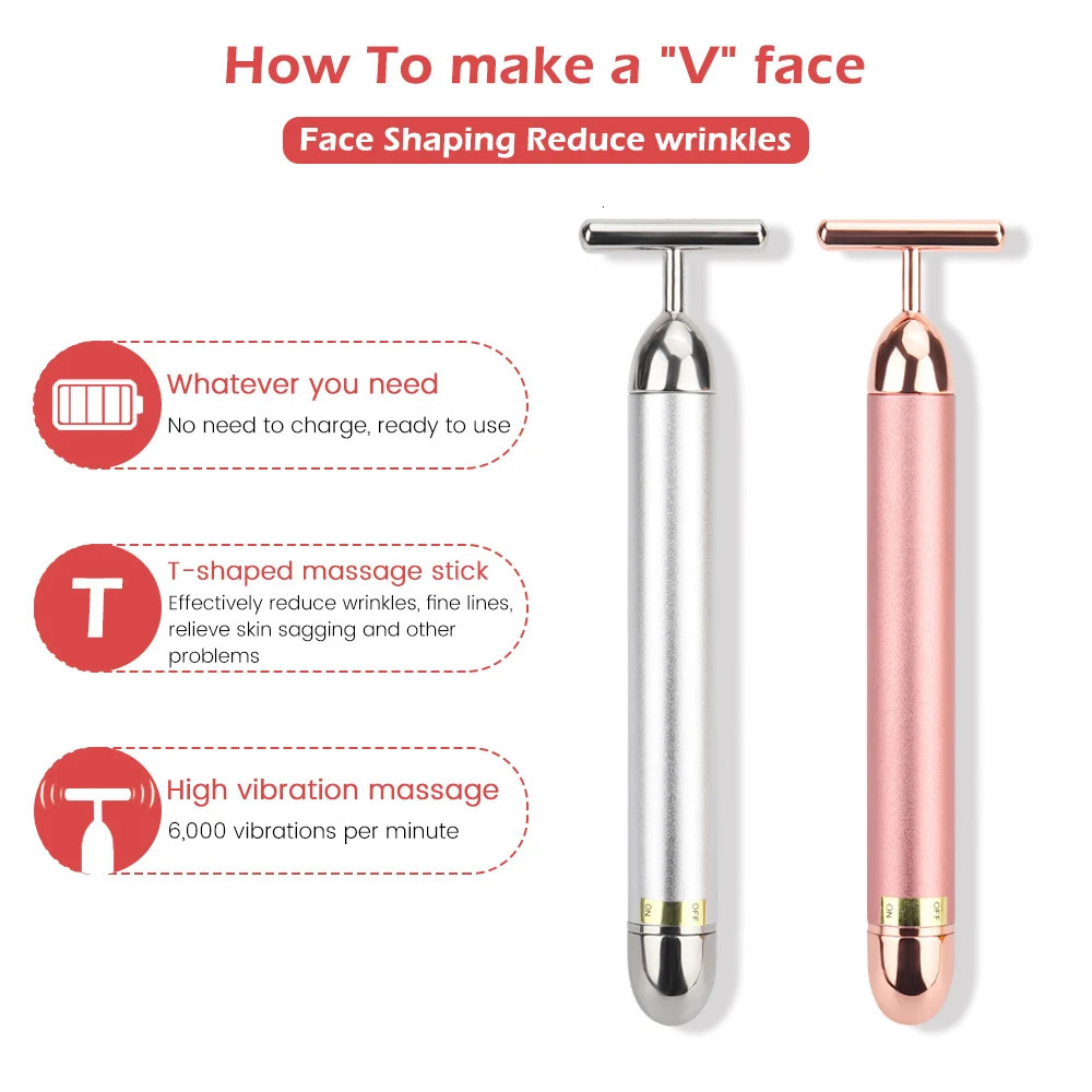 24k Gold Face Lift Bar Roller Vibration Slimming Massager Stick Beauty Skin Care T Shaped Vibrating Tool 240626