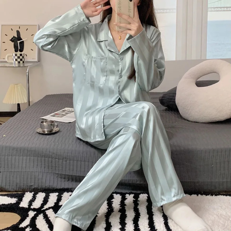 Women Pajamas Striped Pijama Sets Silk Satin Female Home Clothes Sleepwear Longsleeve Shirt Pants Homewear Loungewea 240627
