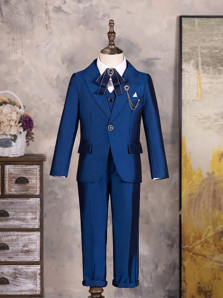 Children Shiny Blue Suit For Wedding Boys Formal Ceremony Tuxedo Dress Teenager Kids Pograph Blazer Party Performance Costume 240626