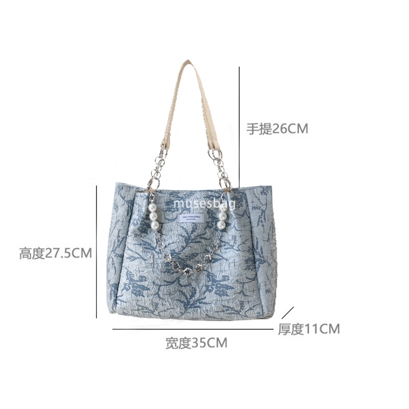 Street trend niche design soft leather sea salt blue jacquard canvas tote bag new western-style large capacity niche one shoulder bag for women