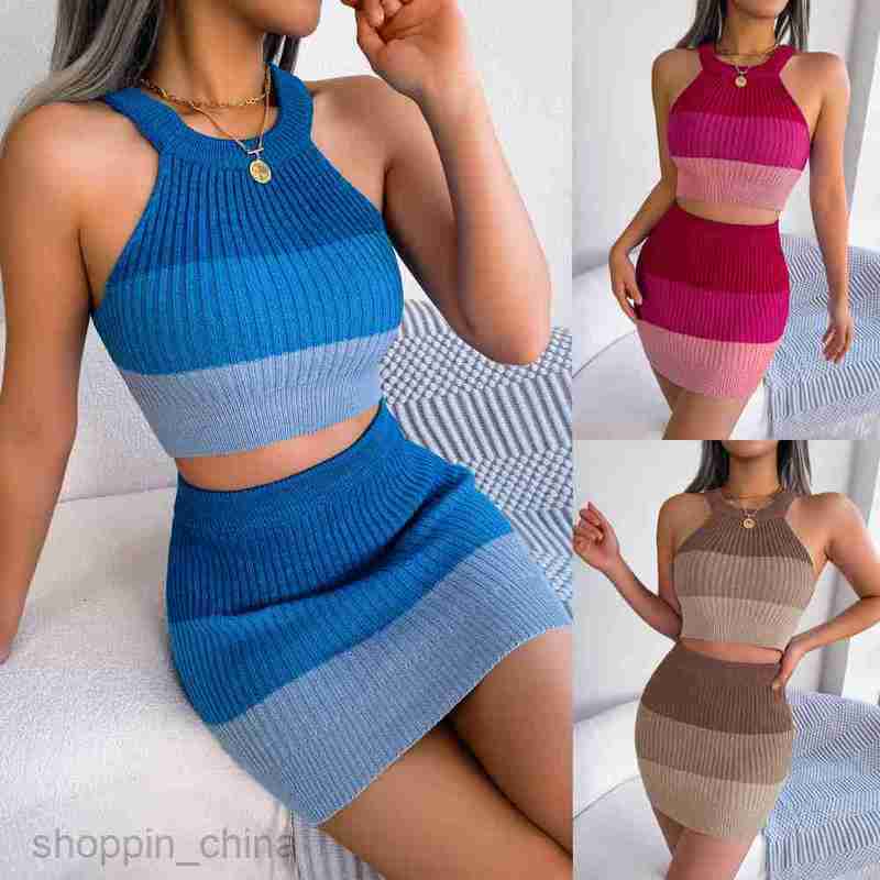 women Two Piece Dress Sets Spring/Summer Fashion Gradient Color Open Navel Top Wrapped Hip Skirt Set for Women