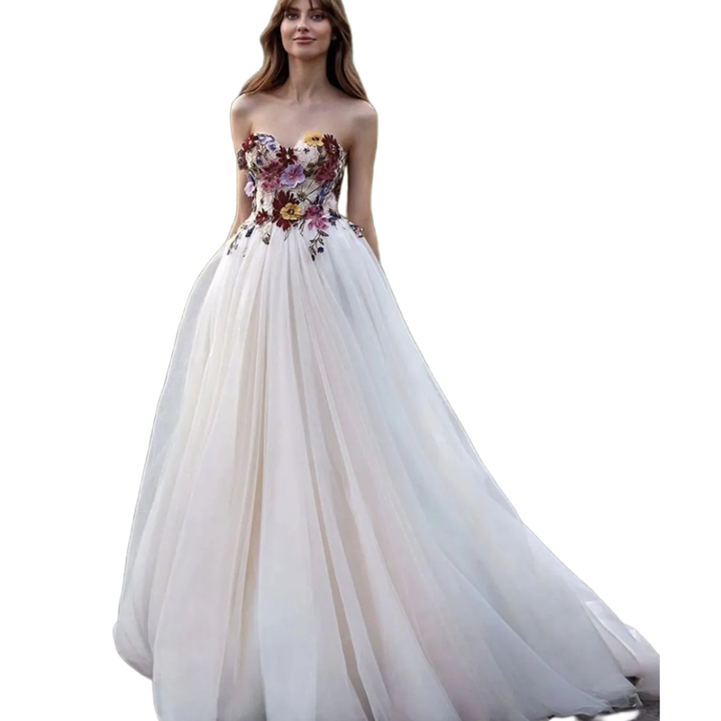 Colorful ral Lace Appliques A-e Garden Dresses Sweetheart Neck Sleeveless Long Ivory Tulle Wedding Gowns Court Train 2024 Boho Vestido De Novia